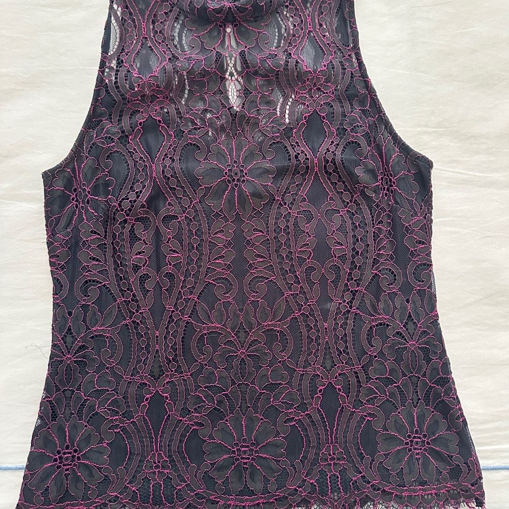 White House Black Market Black and Pink Lace Top